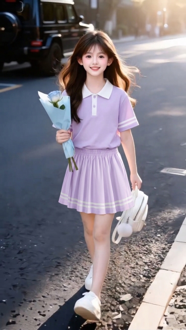 把图1的短袖和短裙给图的2的人物穿上，保留原场景光影，保持图2的人物的五官和发型不变，图片宽高尺寸不变，背景不变，鞋子不变，人物姿势不变，保持图1的短袖和短裙的款式材质不变和颜色不变预览效果