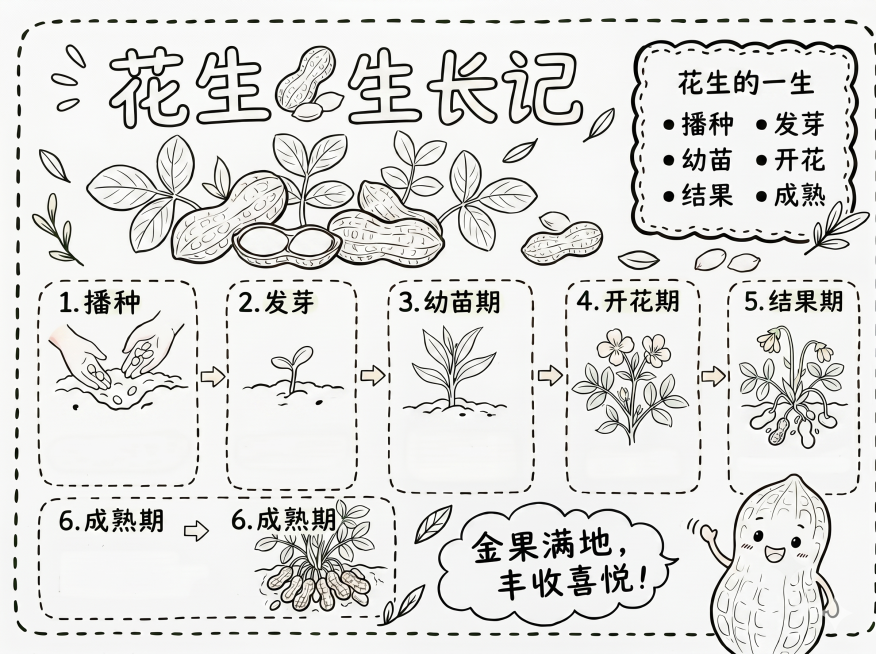 将这张花生生长记手抄报转为线稿图，保留所有内容和排版，只保留黑色线条轮廓，去除所有上色和颜色填充，白底，保持尺寸不变预览效果