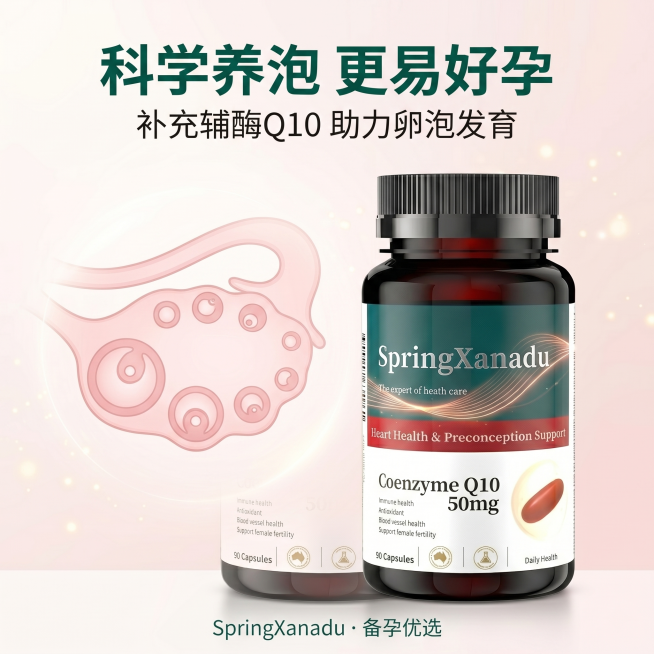 [主图 2] 辅酶Q10核心卖点展示图，突出卵泡发育。[氛围风格] 备孕温馨治愈风；[画质] 商业摄影质感、光线柔和通透、产品清晰真实、画面干净高级。[元素] 辅酶Q10瓶身放置在画面右侧偏下位置，保预览效果