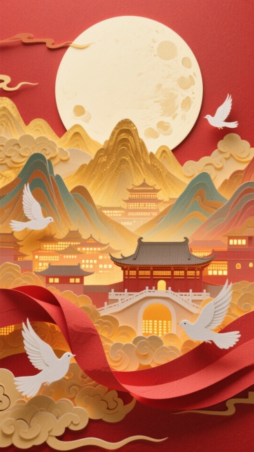 一轮巨大的圆月为占据画面中心的特写，底部以工笔风格呈现出全景的金色的山峦叠嶂间呈现古今建筑里万家灯火渐变温暖的光影，祥云装饰，白鸽飞舞，红绸穿绕，红色基底预览效果