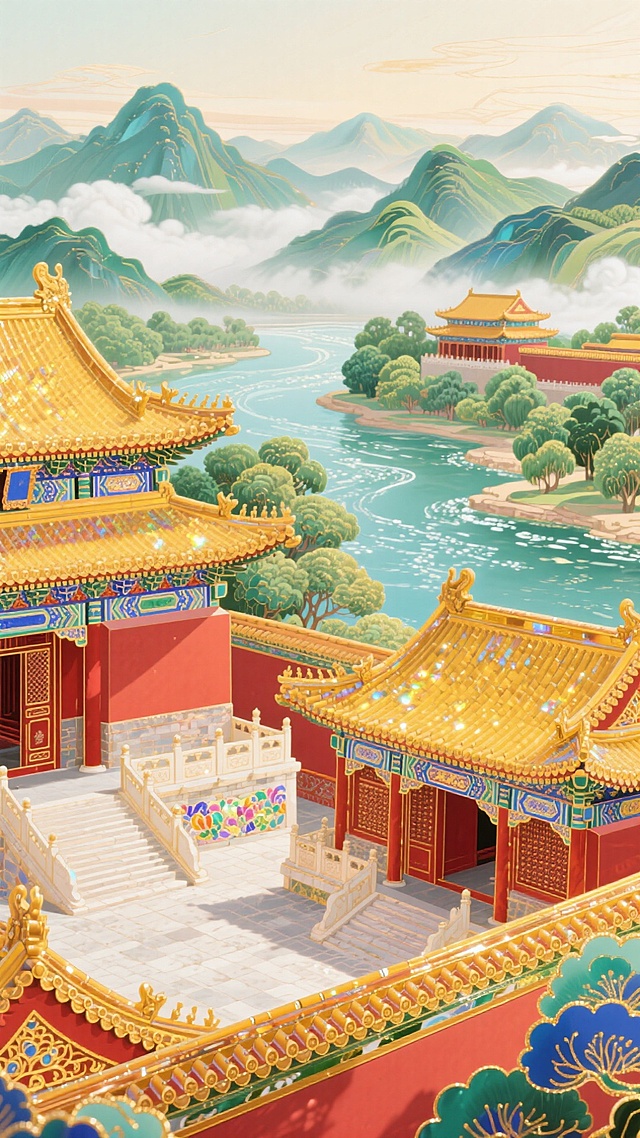 国潮风插画，融合中式古典建筑与梦幻山水，鎏金屋顶辉映云雾缭绕的青山绿水，水彩质感渲染出唯美的微缩艺术场景，尽显优雅与虚拟现实般的诗意意境。