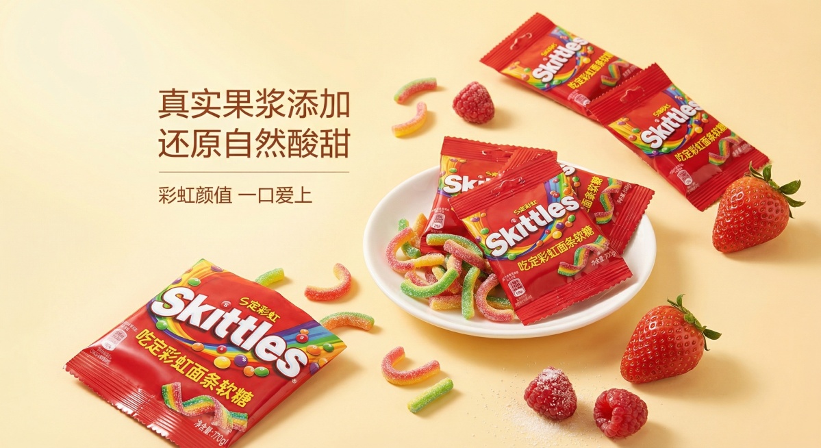 打造温馨治愈风格主图，背景用柔和的暖黄色渐变，展示多包箭牌彩虹面条软糖和散落的软糖，搭配新鲜的草莓、树莓水果点缀，添加卖点文字“真实果浆添加 还原自然酸甜”“彩虹颜值 一口爱上”，画面温暖有食欲预览效果