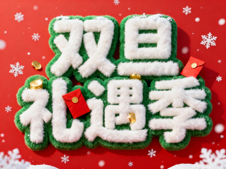 “双旦礼遇季”毛绒艺术字，白字绿边，嵌入红包、金币元素，点缀白色雪花装饰，红色背景。预览效果