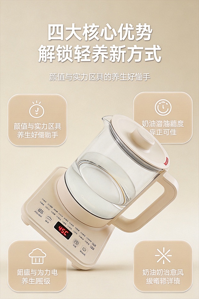 严格还原产品图的包装设计、颜色、LOGO位置、文字内容、图案元素等所有细节，产品尺寸1:1还原。2:3竖屏电商详情卖点总览，奶油治愈风，浅米色干净背景，中央放置养生壶斜45°视角产品图，壶身完整呈现。四周用极简模块化布局，4个圆角浅卡其色模块，每个模块搭配简约图标与文字。主标题为无衬线极简白色粗体字：「四大核心优势，解锁轻养新方式」，副标题为纤细无衬线浅灰色字：「颜值与实力兼具的养生好帮手」，模块文字采用无衬线极简字体，整体排版整齐有序，信息层级清晰，高清8K，柔和高级，奶油治愈风+无衬线极简文字风格，高清商业质感，整体柔和统一，无割裂感。
