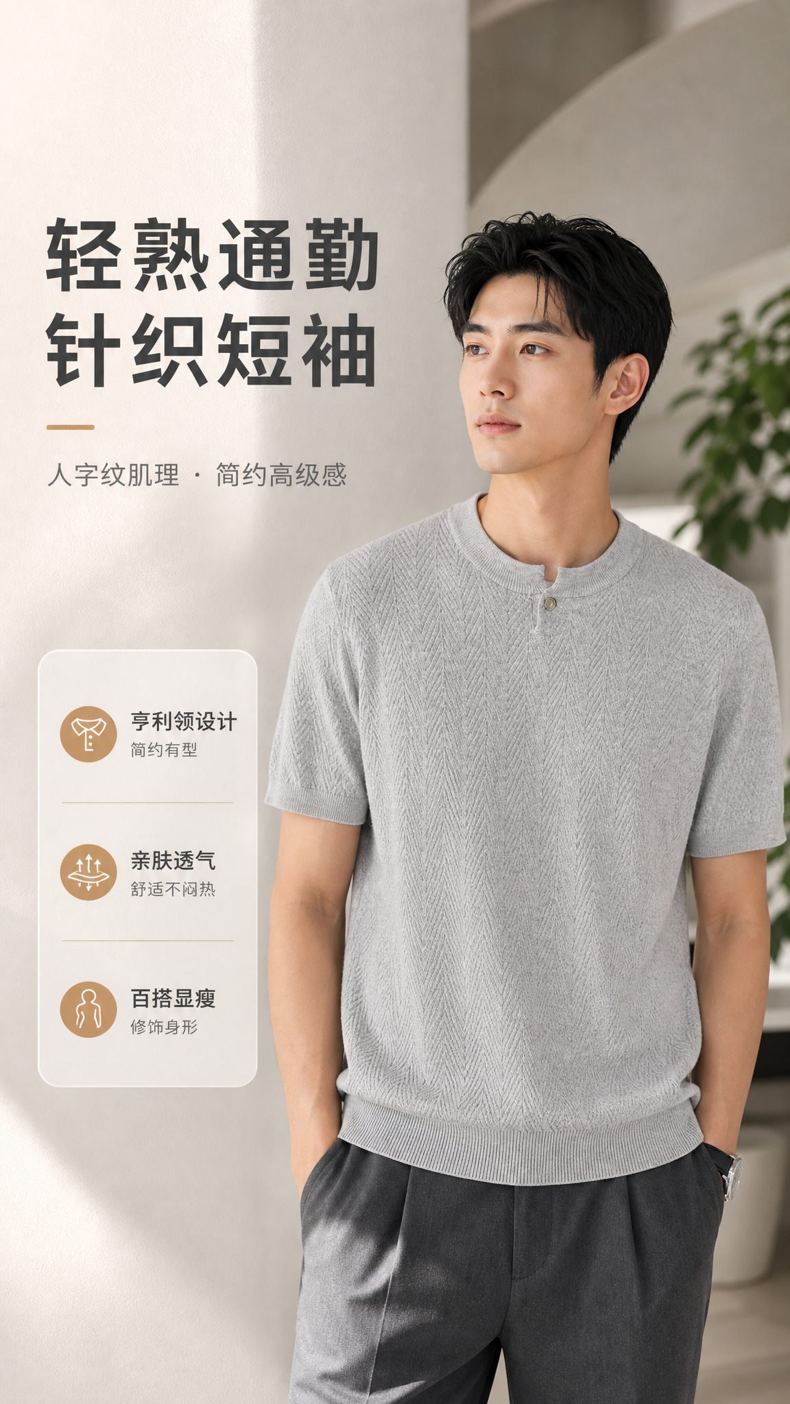 [商品] 使用【图1】浅灰色亨利领针织短袖T恤；商品处理：保留… - 图片创意预览