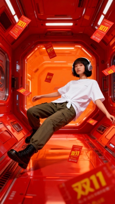 一张促销海报。高科技的红色太空车厢内部设计充满科技感（远景），图片中的人物侧躺着漂浮，戴着头戴式耳机，享受音乐，四周漂浮着很多红色的劵，上面写着黄色的“双11”。整个画面色调以红色为主，橙色为辅，搭配预览效果