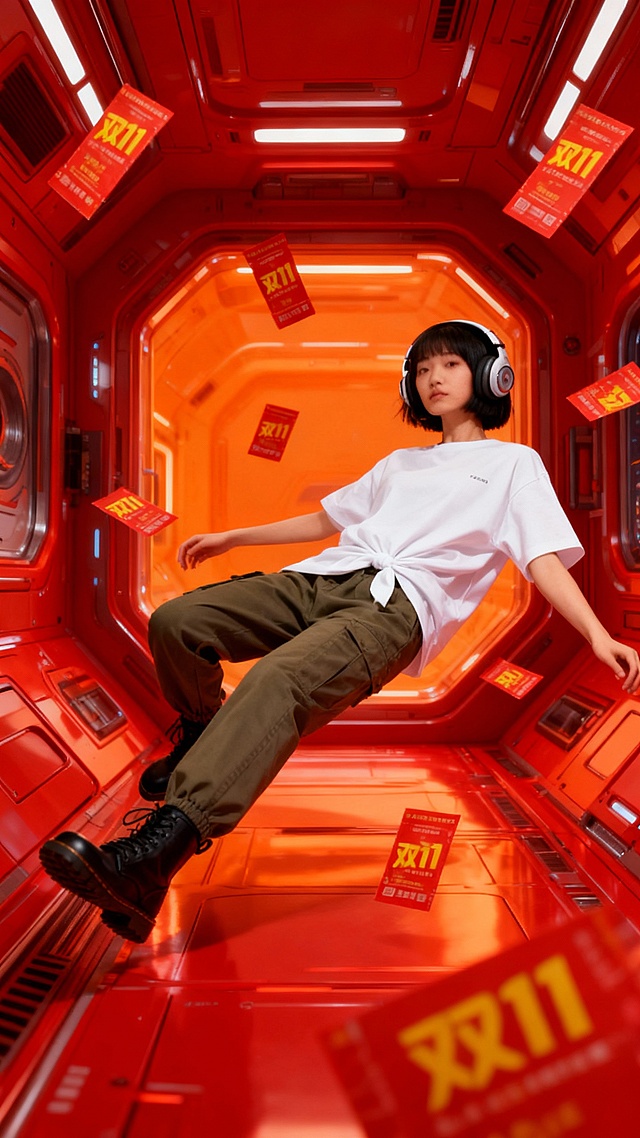 一张促销海报。高科技的红色太空车厢内部设计充满科技感（远景），图片中的人物侧躺着漂浮，戴着头戴式耳机，享受音乐，四周漂浮着很多红色的劵，上面写着黄色的“双11”。整个画面色调以红色为主，橙色为辅，搭配金属质感与光影效果。