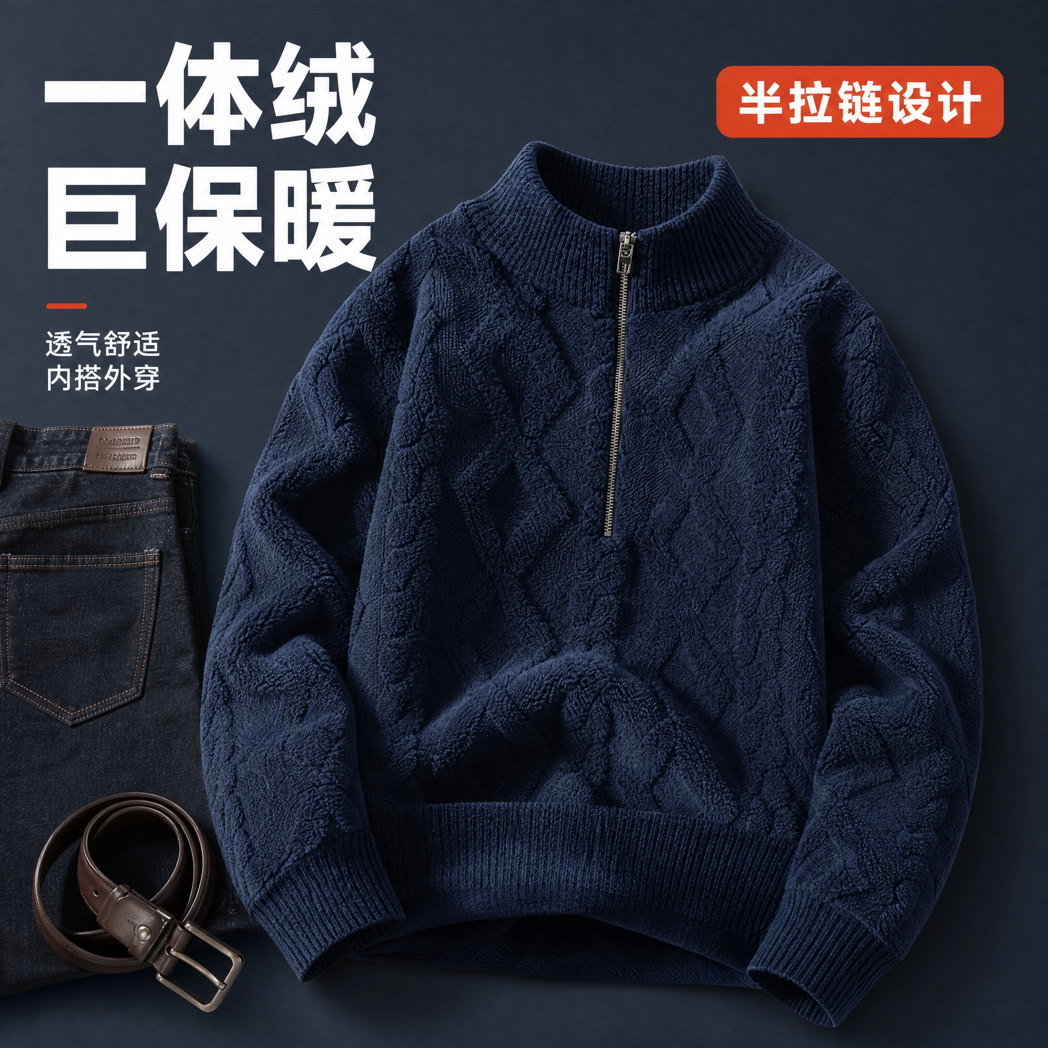 [主图-3] 藏青色半拉链一体绒休闲毛衫 摆拍平铺主图 突出面… - 图片创意预览