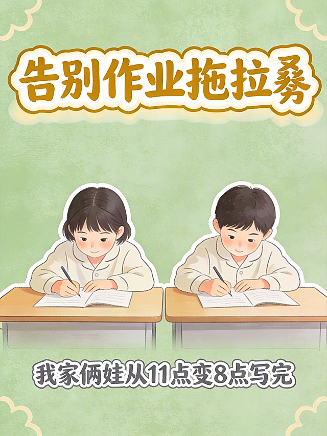 育儿经验分享
两个小朋友穿着居家服，坐在整洁明亮的双人书桌前专注写作业，两个孩子都眉头舒展，眼神专注认真。
两个小朋友都均匀肤色，匀净哑光质感。
人物边缘添加白色细实线外描边。
主标题："告别作业拖拉🔥"
副标题："我家俩娃从11点变8点写完"
三分构图。
顶部区域：仅放置主标题居中，紧贴画面上端，大号字。
中部区域：小朋友们占据视觉中心。
底部区域：放置副标题居中，紧贴画面下端，中号字，强制横向撑满版面，文字叠压在书桌区域。
主标题字体样式：温暖姜黄色，圆润活泼手写粗体，笔画粗壮有力，边角圆润带自然棱角，手写笔触灵动自然，无机械生硬感，大号字，底部带半透明米色高光，姜黄色深色细实线外描边，严禁遮挡人物面部及主体。
副标题字体样式：深灰色，同主标题圆润手写字体，中号字，浅灰色细实线外描边，严禁遮挡人物面部及主体。
背景是莫兰迪淡绿色纹理背景，边缘带有淡淡的手绘花边，背景整体温馨柔和，光线均匀柔和，氛围温馨治愈，整体画面亮调通透不昏暗，真实生活化居家质感，光影自然真实，高清细腻。
改善写作业拖延症。
(禁止重复文字:1.4)，(禁止同一文字多次出现:1.4)，(无额外无关文字:1.4)，(文字乱码、变形、位置偏移:1.3)，(人体结构畸形、人物比例失调:1.3)，(肢体关节错位、手部畸形:1.3)，(五官错位、画面穿模:1.2)，(画质模糊、画面崩坏、低分辨率噪点:1.1)。
画面比例：3:4