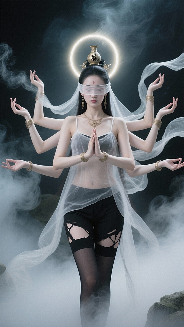 梦幻与神秘交织，中式神女幻化多臂，鎏金光环映衬朦胧光影，3D虚拟现实呈现超现实主义美学，粒子流动间尽显神圣优雅。