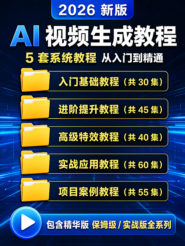 AI漫剧教程详情页封面主图，顶部文字为"2026 新版"，主标题为"AI 视频生成教程"，副标题为"5 套系统教程 从入门到精通"，中部纵向排列五个黄色文件夹，分别标注文字"入门基础教程（共 30 集）"、"进阶提升教程（共 45 集）"、"高级特效教程（共 40 集）"、"实战应用教程（共 60 集）"、"项目案例教程（共 55 集）"，底部文字为"包含精华版 保姆级 / 实战版全系列"，保留原蓝色渐变播放按钮，保留黄色文件夹布局，配色和字体完全保持不变，整体专业清晰，符合国内电商详情页风格。