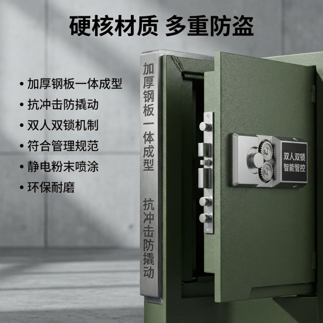 [主图主题] 智能枪弹柜材质细节图
[氛围/风格] 硬核工业质感，突出材质坚固性
[画面元素] 特写展示枪弹柜加厚钢板柜门与双人双锁区域，清晰呈现钢板厚度和锁具结构，背景为简洁工业风灰色调，光线硬光突预览效果