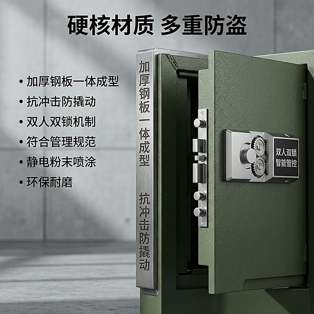 [主图主题] 智能枪弹柜材质细节图
[氛围/风格] 硬核工业质感，突出材质坚固性
[画面元素] 特写展示枪弹柜加厚钢板柜门与双人双锁区域，清晰呈现钢板厚度和锁具结构，背景为简洁工业风灰色调，光线硬光突出金属质感和纹理。
[配色色系] 主色调：军绿色钢板，银色金属锁具
[视角构图] 中近景特写，聚焦钢板与锁具，景深较浅突出细节
[文字版式] 顶部标题“硬核材质 多重防盗”，左侧文字说明“加厚钢板一体成型，抗冲击防撬动，双人双锁机制，符合管理规范，静电粉末喷涂，环保耐磨”，文字分点排列，无衬线字体，不遮挡核心细节。
[比例分辨率] 2k分辨率