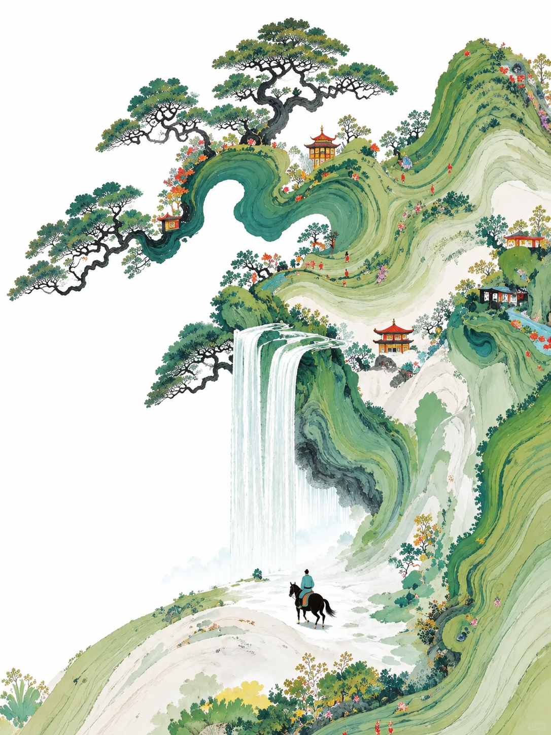 参考图风格的新中式青绿山水插画，保留画面所有元素：蜿蜒流动的绿… - 图片创意预览