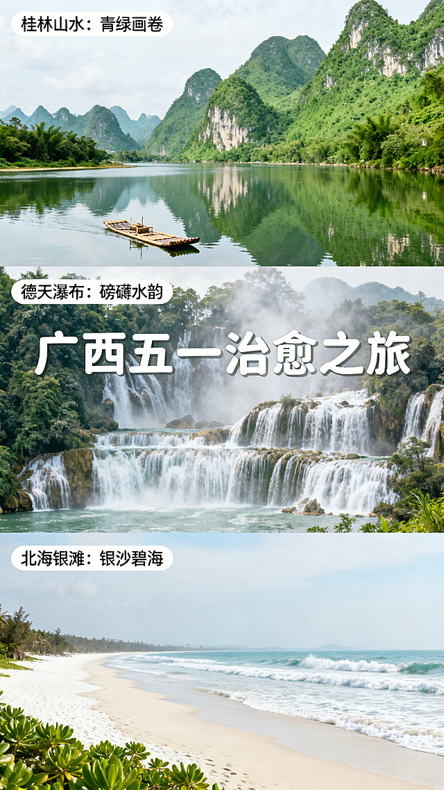 广西五一旅游推文长图，展示广西桂林山水、德天瀑布、北海银滩等特色景点，清新治愈自然风格，适合公众号推文使用，整体构图舒适，画面丰富有层次感