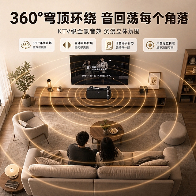 [主图-7] 场景扩展/360°环绕音效，展示全景音效覆盖效果。
[统一基调] 风格=现代家居科技感商业摄影；主色=深棕黑+暖米白；强调色=暖金色（仅小面积图标、标签、光效）；标题字=粗黑体大字；正文字=简洁无衬线体；标题色=深棕黑；正文色=中暖灰；组件=圆角浅底信息卡、细线引线；光影=左前侧暖柔光。
[画面] 使用【图1】黑色音响产品；保留产品原貌；客厅俯视角度，音响置于电视柜上，暖金色同心圆声波从音响向四周扩散，覆盖整个客厅空间，沙发上有两人观影背影。产品占画面15%，空间和声波效果占85%，表现360°环绕感。
[光影质感] 俯视空间渲染质感，声波半透明发光，空间层次分明，家具布局真实。
[配色] 深棕黑+暖米白空间色调，暖金色声波光效。
[文字版式] 顶部主标题「360°穹顶环绕 音回荡每个角落」，副标题「KTV级全景音效 沉浸立体氛围」。文字居上横排，不遮挡核心声波展示。
[输出要求] 比例1:1方形，2048×2048，2K分辨率，文字清晰可读，产品清晰不变形，无错字乱码，无平台Logo水印。