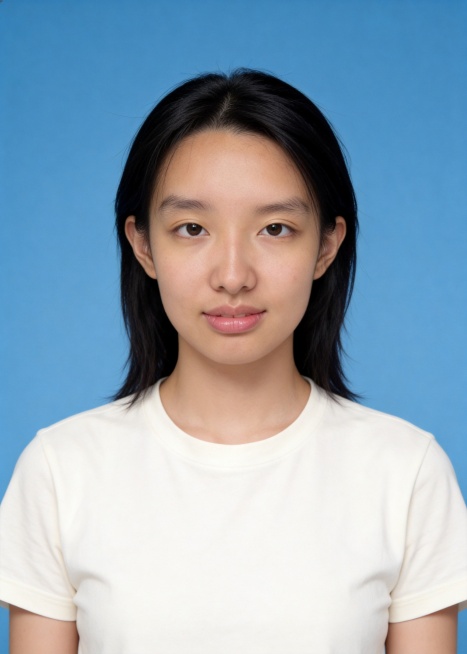 保留第一张图中人物发型､脸型､年龄特征生成标准样式纯正面证件照;人物主体严格居中,头部大小与位置严格对齐第二张图,双肩水平平衡,面部中轴线对齐画面中心,正视前方;标准证件照构图,人物绝对居中;头顶上方预览效果