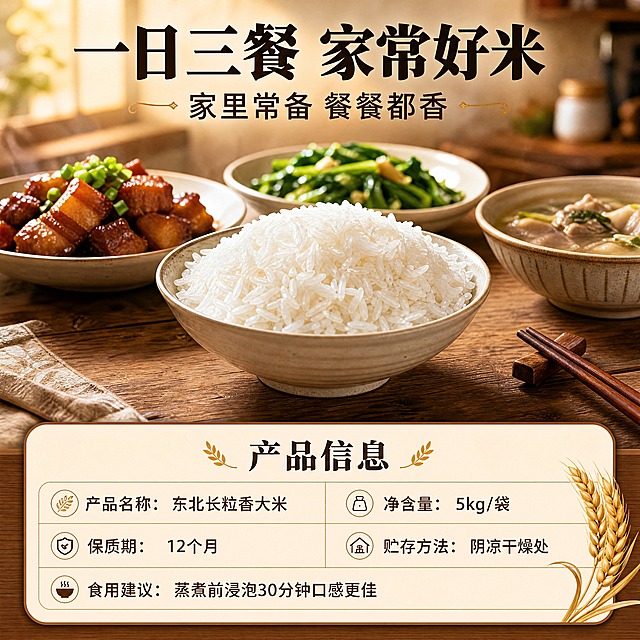 [商品] 使用【图1】东北长粒香大米的米粒形态参考；展示家常餐桌场景，米饭作为主食搭配中式家常菜；保留大米品种的颗粒特征和蒸煮后油亮饱满的米饭外观。
[画面] 页面目标：家常场景种草+规格收尾，促进下单转化。构图：上场景下规格，画面上半部分是温馨家常餐桌场景：木质餐桌上摆着一碗盛满的白米饭，旁边搭配2-3道中式家常菜（如青菜、红烧肉、汤品），营造一日三餐的烟火气氛围。米饭碗在视觉中心，颗粒饱满油亮。下半部分为规格信息区。主体米饭占画面40%，场景占60%。前景餐桌餐具，中景饭菜组合，后景虚化的厨房/餐厅环境，3层景深。
[视觉] 套系策略：风格=中式家常烟火气商业美食摄影；标题字=粗宋黑体，厚重有力带传统感；正文字=简洁无衬线圆体，亲和易读；主色=暖米白+深木棕；背景延展=基于暖木棕做深浅层级、同色渐变和细腻木纹/竹编质感；强调色=稻穗金，仅用于小面积图标、引线和标签点缀；标题色=深棕黑；正文色=中暖棕；组件=圆角米白底信息卡、细金线引线、稻穗小图标；光影=左前侧暖柔光，饭菜色泽鲜亮，阴影柔和。
[文字] 画面上方场景区配主标题「一日三餐 家常好米」，副标题「家里常备 餐餐都香」。下半部分规格信息区：用圆角米白卡片展示，标题「产品信息」，内容包括：产品名称：东北长粒香大米；净含量：5kg/袋；保质期：12个月；贮存方法：阴凉干燥处；食用建议：蒸煮前浸泡30分钟口感更佳。所有文字横向排版，字号保证手机端清晰可读。
[规格] 图片比例1:1方形，4K分辨率，抖音电商适配，避免变形、错字、文字过小、冷蓝/冷灰背景、菜品喧宾夺主、绝对化用语、虚假承诺。