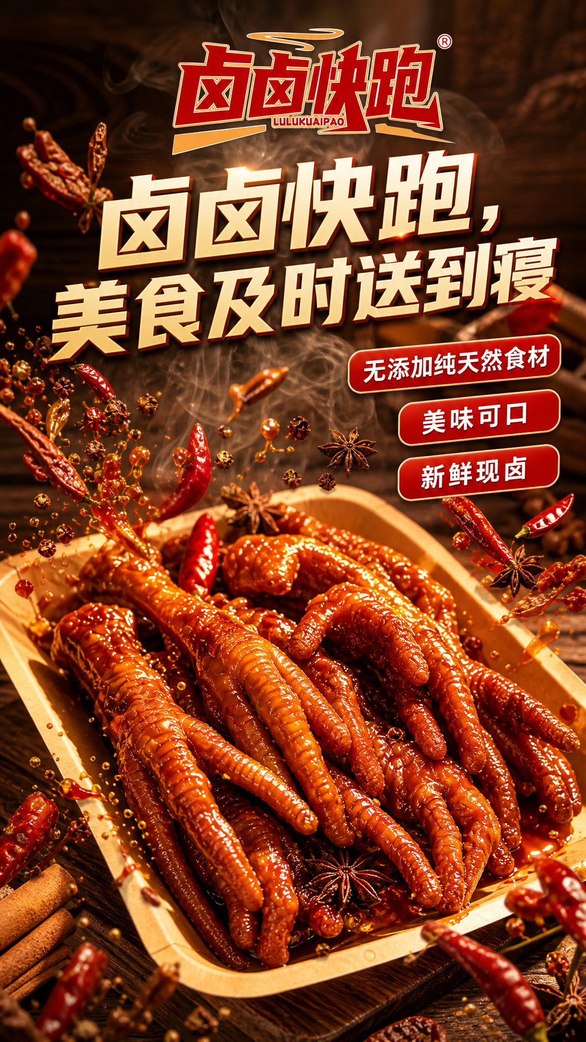 卤味美食宣传海报，食材爆发型创意。画面主体是一盘诱人的酱卤凤爪… - 图片创意预览
