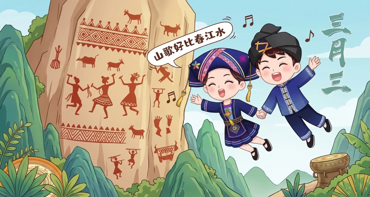 将背景替换为宁明花山岩画，图中的壮族男女保持原有服饰，做出飞翔的姿态，同时正在唱刘三姐的山歌，画面整体保持卡通国风风格预览效果