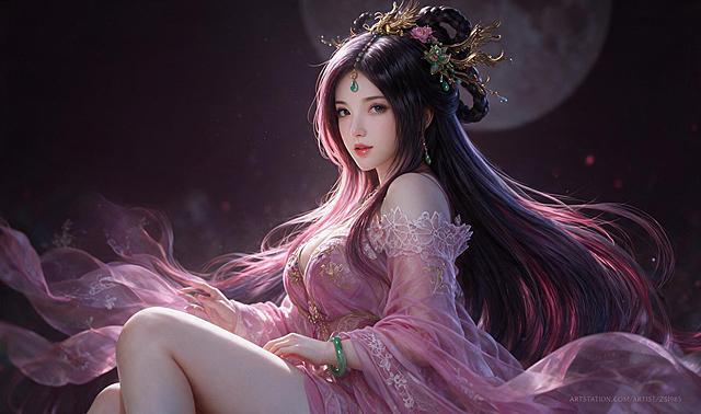 参考图中古风仙侠风格的绝美女性角色，精致的面部五官，细腻的皮肤质感，华丽的金色发饰与珠宝点缀，紫红色系飘逸长发，粉紫色古风服饰配金色纹饰，半透明薄纱质感，优雅柔美的姿态，梦幻朦胧的光影氛围，ArtStation级别的数字绘画，超写实CG插画风格，高细节渲染，柔和打光，仙气飘飘的意境