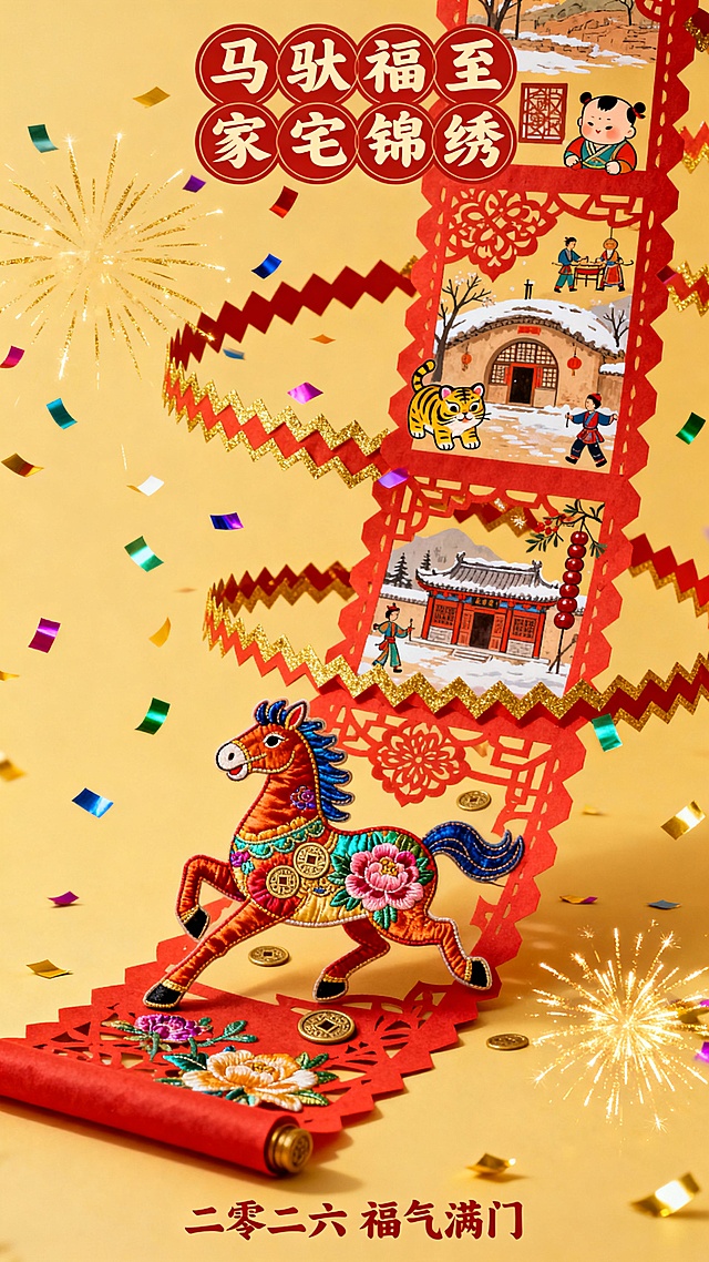 国潮风剪纸与刺绣融合，微缩艺术呈现中式年味，重拟物浮雕感十足，喜庆祥瑞迎新春。