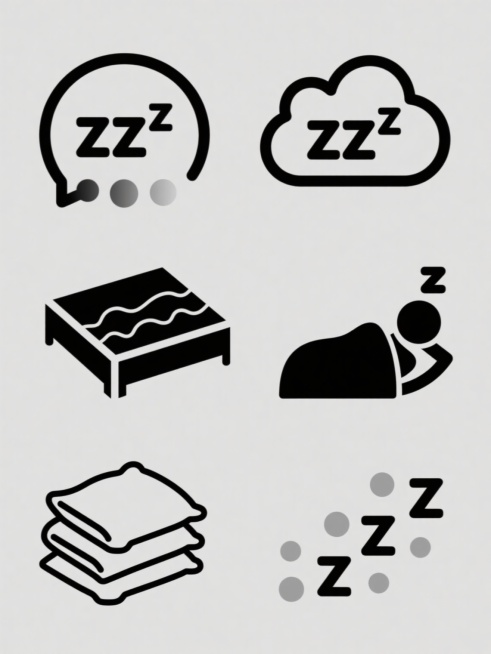 简约现代风格，纯色背景，六个不同睡眠元素规整排布。第一个元素：圆形对话框内有“zzz”字样，对话框下方有三个渐变大小的圆点；第二个元素：云朵形状图案，内部有“zzz”文字；第三个元素：一张矩形床的俯视轮廓，床上有横向的波浪线表示被子；第四个元素：简化的人形侧卧在弯曲的床上，头部有向上飘的“z”；第五个元素：枕头和被子堆叠的简化图形，枕头呈方形，被子有折叠线条；第六个元素：多个大小不一的“Z”字……预览效果