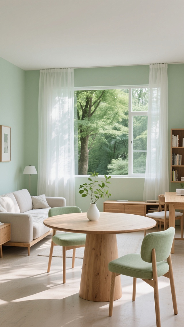 明亮通透的现代简约风格室内场景，柔和的浅绿色墙面搭配白色透光纱帘，窗外是郁郁葱葱的绿色树木，自然光透过纱帘形成柔和的漫射光影效果，木质圆形餐桌搭配浅绿色布艺餐椅，桌面摆放简约白色陶瓷花瓶，内插新鲜绿植枝叶，整体色调以原木色、浅绿色和白色为主，营造清新自然、宁静舒适的氛围，不同角度展示室内不同家具（如沙发、书架、床头柜、书桌等）与整体环境的和谐统一，保持相同的光线质感、色彩搭配和简约设计美学，确保画面具有高度的空间感和真实的材质表现。