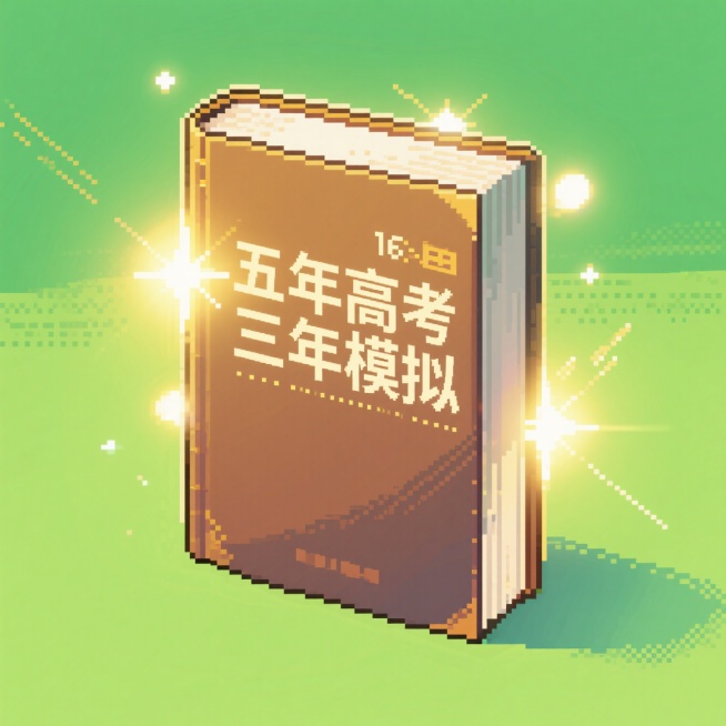 一本精装书，封面写着“五年高考 三年模拟”，背后闪着金光，绿色背景预览效果