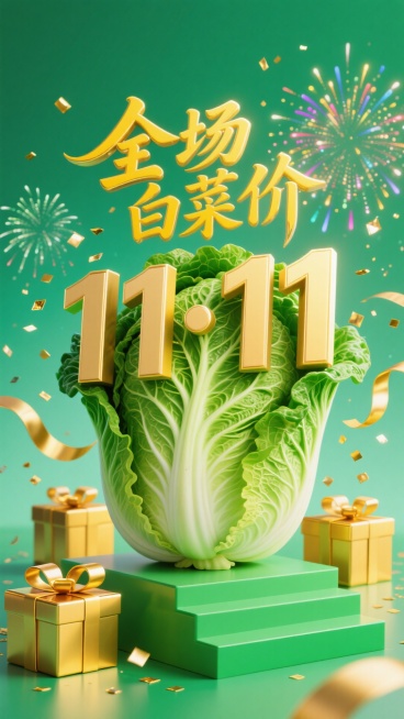 绿色白菜立体字 “11·11” ，上方搭配鎏金黄色 “全场白菜价” 艺术字。周围环绕金黄礼盒、金色丝带、烟花、碎金片，背景为绿色渐变，底部有绿色阶梯展台，整体风格生机盎然预览效果