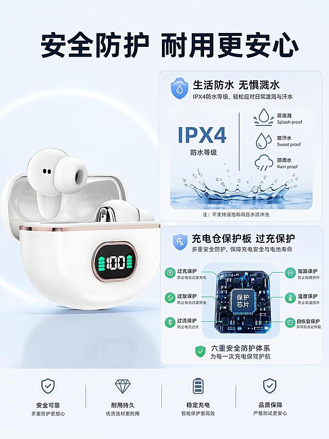 [第6屏] 安全防护讲解，生活防水与充电仓保护板设计说明。本屏使用【图1】作为产品主体。
[氛围/风格] 专业科技说明风，结构清晰，直观易懂，干净简洁。
[元素布局] 产品放在画面左侧占比约40%，右侧分上下两个信息模块，分别讲解生活防水性能和充电仓保护板设计，用示意图展示防水等级和保护电路结构，耳机外观保持与原图一致。
[光影质感] 整体均匀打光，产品左侧轮廓光突出，右侧模块信息清晰，层次分明。
[配色色系] 全局底色 #f0f4f8，主色白色产品，深灰文字，浅蓝色模块底，绿色标注安全点。
[视角构图] 左产品右说明分栏构图，信息分区明确。
[文字版式] 顶部标题「安全防护 耐用更安心」，左产品右两个模块分别标注「生活防水 无惧溅水」「充电仓保护板 过充保护」，文字清晰，信息层级分明。
[比例分辨率] 3:4 竖版比例，4K 分辨率，文字清晰可辨，高清画质。
[负向提示词] 产品变形，结构错误，文字错乱，文字过小，颜色偏差，水印，背景杂乱