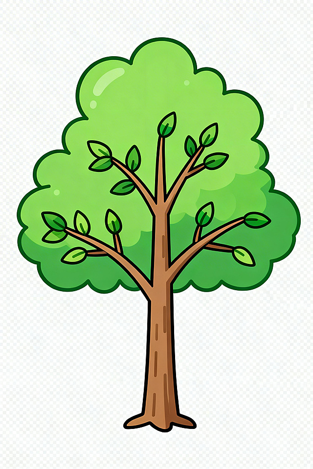 快乐农场小游戏风格的苹果树，成树阶段，只有绿叶枝条，没有花苞和果实，枝干健壮，卡通扁平插画风格，和原图界面风格保持一致，背景透明