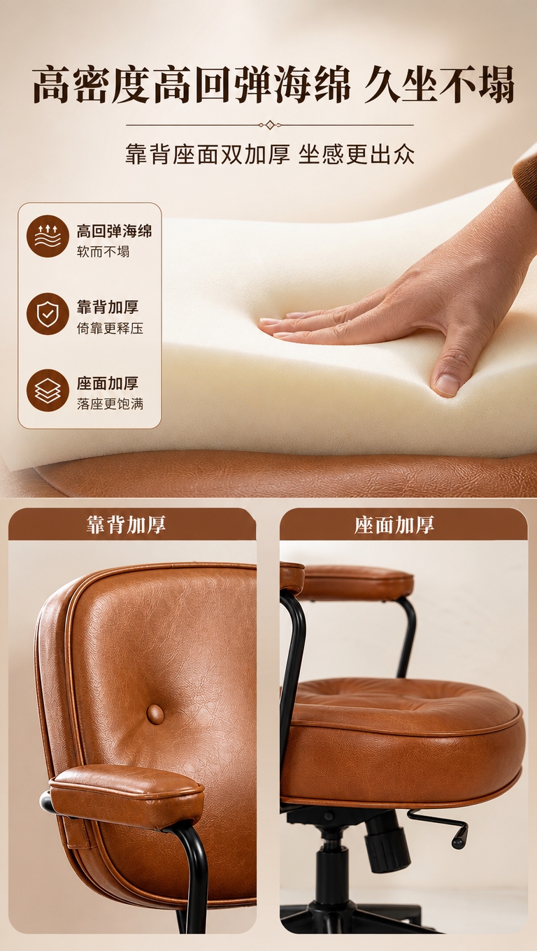 [商品] 使用【图3】棕色基础款电脑椅，保留油蜡皮面料、海绵座… - 图片创意预览
