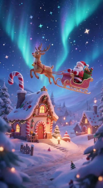 夜晚神奇的圣诞村庄，屋顶是拐杖糖的小房子，圣诞老人的雪橇飞过繁星点点的天空，背景是闪烁的极光。异想天开，幻想艺术，吉卜力和托马斯·金卡德的风格，发光，光晕，梦幻氛围，广角镜头。圣诞节海报设计。预览效果