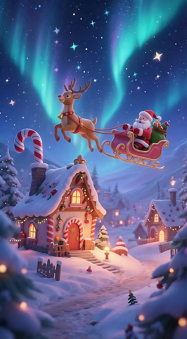 梦幻夜空下，软3D风格的圣诞小镇灯火温馨，糖果屋与极光交相辉映，卡通感十足的圣诞老人驾着驯鹿雪橇飞过，充满喜庆与趣味的节日氛围。