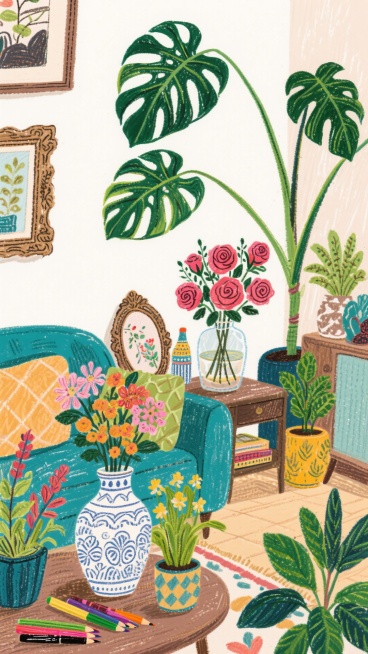 马克笔和彩色铅笔结合的手绘插画，色彩鲜艳饱和度高，绘画风格，客厅和客厅丰富的细节摆件和绿植花卉，高清预览效果