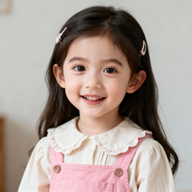 画面中是一个3岁左右的小女孩，大眼睛，鼻梁高挺，长相漂亮，长发，笑容明媚治愈，穿着长袖娃娃领衬衣和粉色背带裤，带着发卡，呈现半身像，皮肤白皙柔嫩，头顶清晰露出预览效果