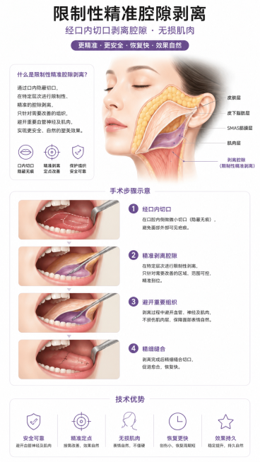 展示限制性精准腔隙剥离的医美手术示意图，经口内切口剥离腔隙，无损肌肉，医美整形科普风格，干净专业，白色背景预览效果