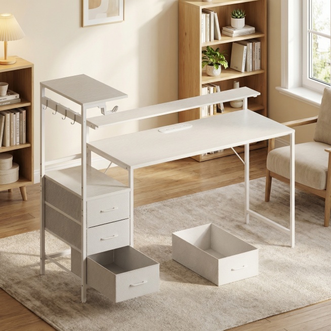 保持桌子整体和摆放角度不变，将背景替换为明亮温馨的居家办公书房场景，场景简单，不要给桌子上面加东西预览效果