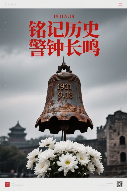 一张纪念九一八事变的海报，画面中央是一个锈迹斑斑的警钟，钟体刻有“1931.9.18”字样，警钟下方是一束白色的菊花，背景是灰暗的天空和隐约可见的历史建筑轮廓，海报上方有“铭记历史，警钟长鸣”的红色标预览效果