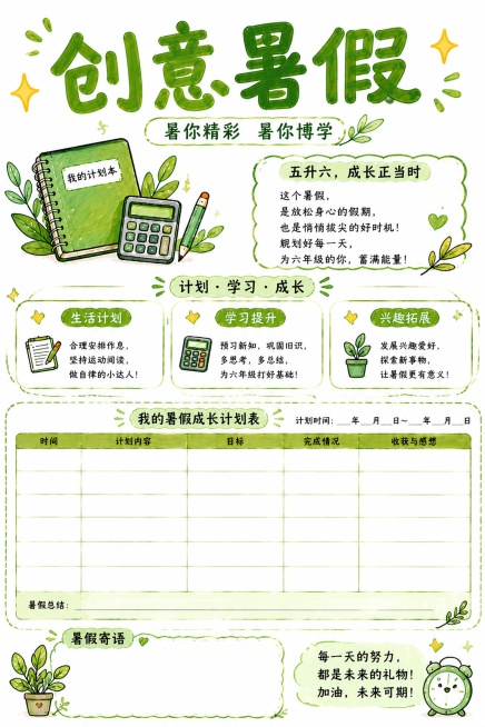 「图片1」 参考此图风格 ，创意暑假，五升六，马克笔风格，白底手绘风，尺寸210*297，寄语篇，创意暑假主题总览 ，暑你精彩暑你博学，故事背诵，数学篇小账本，英语篇，劳动篇，暑你健康暑你神奇，一周天预览效果
