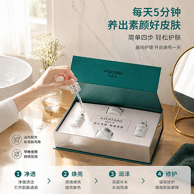 [第5屏] 使用步骤页-恒琰堂素颜美肌套装四步护肤流程展示。本屏使用【图2】作为商品主体。
[氛围/风格] 温馨居家护肤风，明亮浴室梳妆台场景，自然光从窗帘透入，温暖治愈有生活感。
[元素布局] 打开的套盒置于画面中央偏下，占比约45%；一只手正拿起滴管精华瓶；背景有白色洗手台、满天星小花瓶、金色圆形化妆镜、木质台面、白纱窗帘；产品内瓶外观、套盒内部结构、银绿配色与输入图一致。
[光影质感] 左侧窗光自然光为主光源，柔和漫射，右侧补光，产品表面有自然高光，整体温暖明亮。
[配色色系] 全局底色 #FAF8F5 暖米白；主色 #00897B 青绿色；辅助色 #D4AF37 金色、#FFFFFF 白色、木色。
[视角构图] 45度俯视视角，开盒产品为中心，阅读动线顶部标题 → 中部产品与使用动作 → 底部步骤说明。
[文字版式] 右上角主标题「每天5分钟 养出素颜好皮肤」，副标题「简单四步 轻松护肤」「晨间护理 开启焕亮一天」；左下角两枚圆形图标：「温和配方 敏感肌可用」「早晚使用 持续见效」；底部四步编号步骤横排：①净透 ②焕亮 ③润泽 ④修护；文字不遮挡产品主体。
[比例分辨率] 9:16竖版比例，4K分辨率，文字清晰可辨，高清画质。
[负向提示词] 产品变形，缺件错件，颜色偏差，包装文字错乱，水印，文字过小，优惠信息。