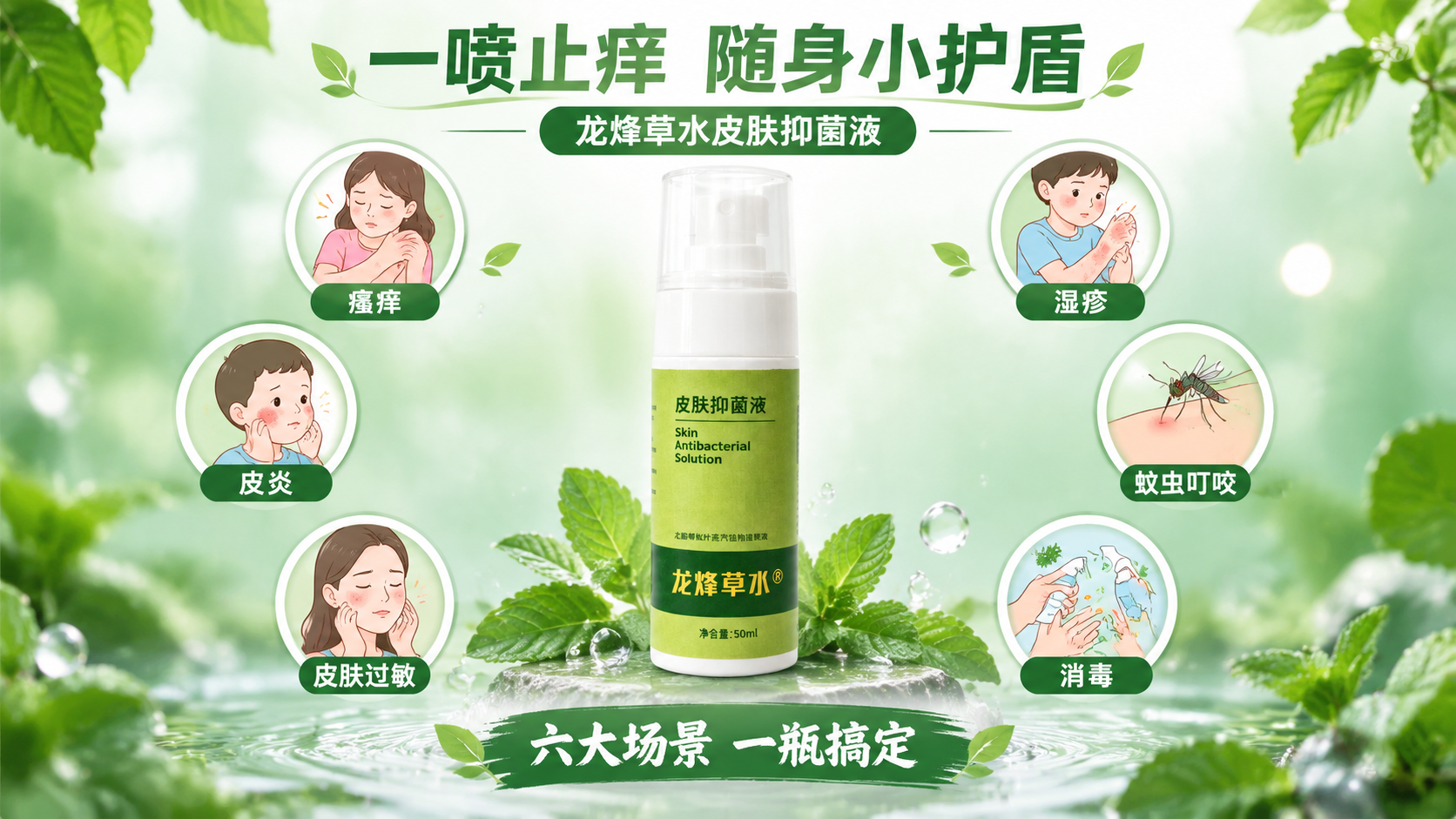 龙烽草水皮肤抑菌液喷雾瓶产品海报，横版16:9，自然植萃清新风… - 图片创意预览