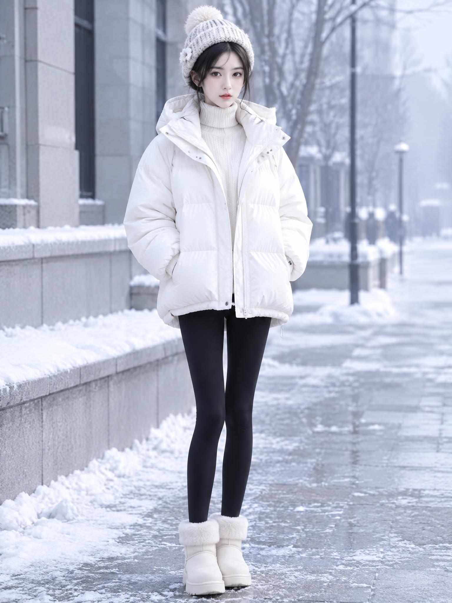 清冷高冷的白月光女孩，身穿纯白色羽绒服，内搭米白色高领毛衣，下… - 图片创意预览