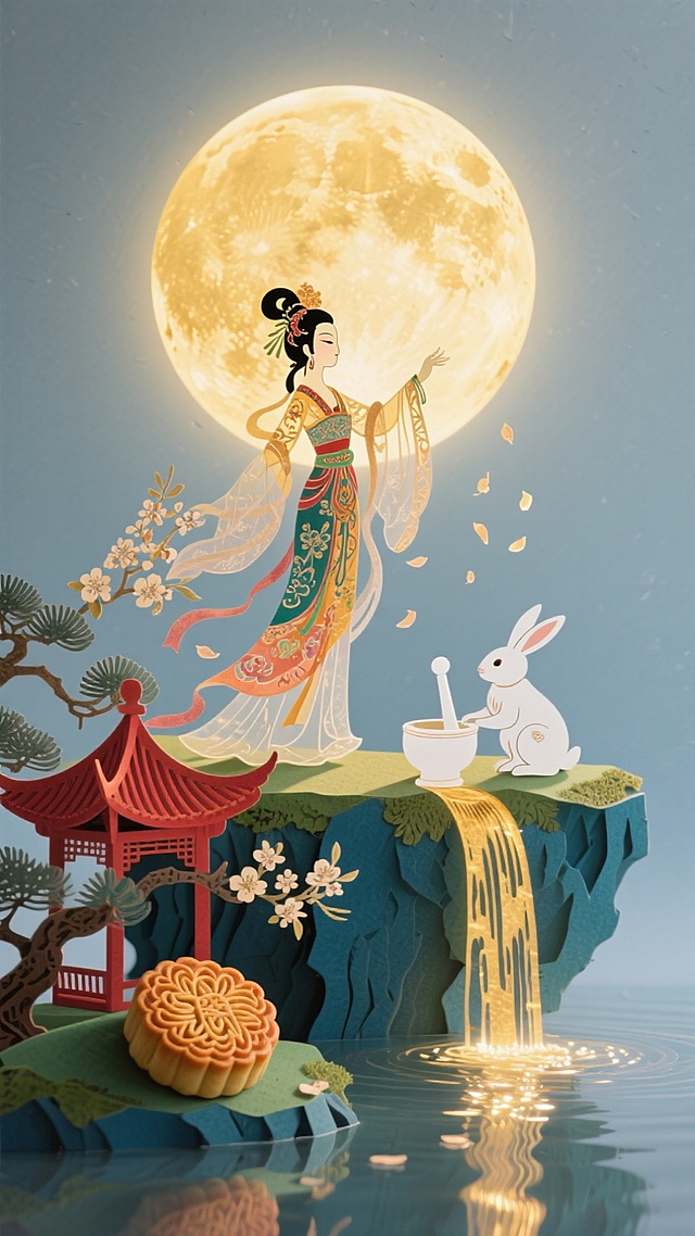 梦幻感中式插画，嫦娥舞动于明月之下，玉兔捣药，微缩山水间亭台楼阁与月饼相映，撕纸风与水墨意境交融，尽显中秋唯美优雅。