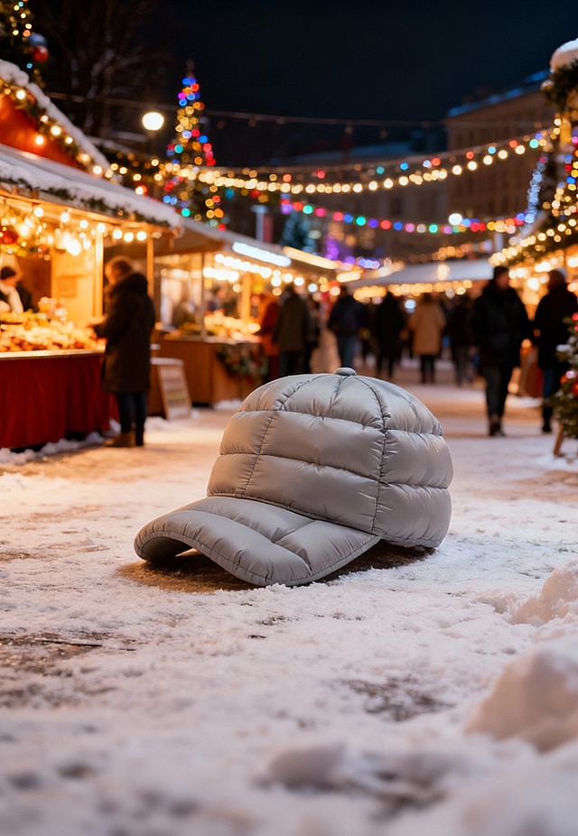 将图示商品变成充气羽绒质感，还原商品颜色、文字、图案细节。冬日市集场景