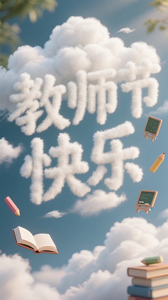 云朵化作 “教师节快乐”，书本、粉笔、小黑板从云中洒落，似知识的甘霖，感恩师者用爱与智慧，为梦想插上翅膀。