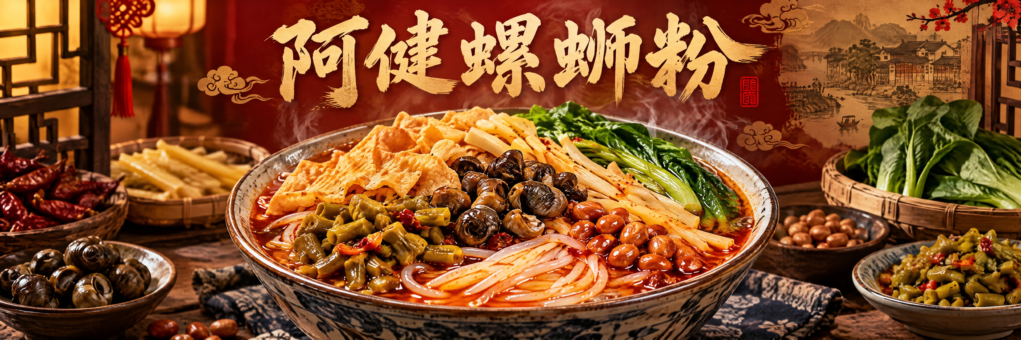 螺蛳粉美食横幅海报，店名"阿健螺蛳粉"，画面中央是一碗热气腾腾… - 图片创意预览