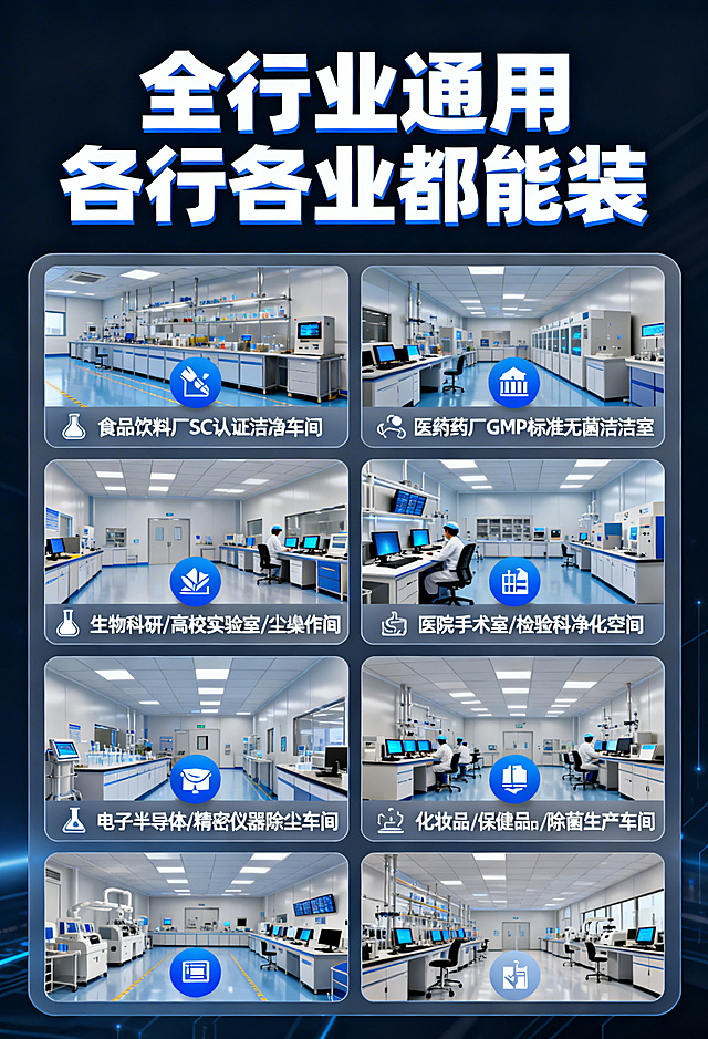 工业营销爆款风电商竖版应用场景板块海报，主色调为科技蓝、纯净白、高级深空灰。顶部加粗醒目大标题「全行业通用 各行各业都能装」。下方分6个场景块，网格排版整齐，每个场景带对应行业图标+场景名称+对应场景的实景小图：▪ 食品饮料厂 SC认证洁净车间 ▪ 医用药厂 GMP标准无菌洁净室 ▪ 生物科研/高校实验室 无尘操作间 ▪ 医院手术室/检验科 净化空间 ▪ 电子半导体/精密仪器 无尘车间 ▪ 化妆品/保健品 无菌生产车间。整体视觉干净不杂乱，全覆盖目标客群，配色专业，适配手机端阅读，无冗余杂乱元素。