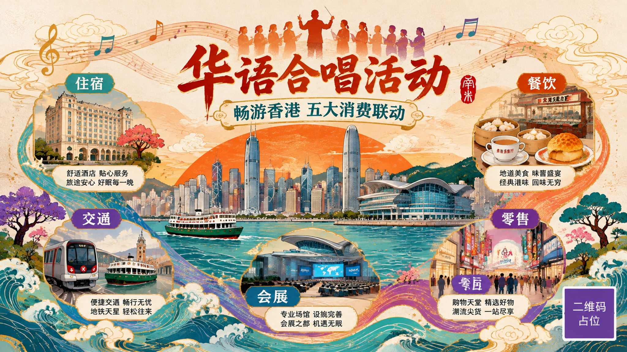 参考图的国风新中式插画风格、色彩体系与环形构图语言，重新设计一… - 图片创意预览